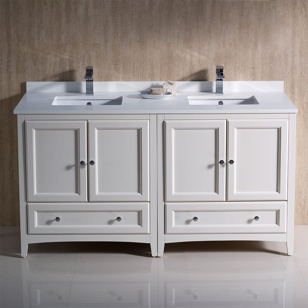 Fresca Oxford 60 Antique White Traditional Double Sink Bathroom Cabinets w/ Top & Sinks