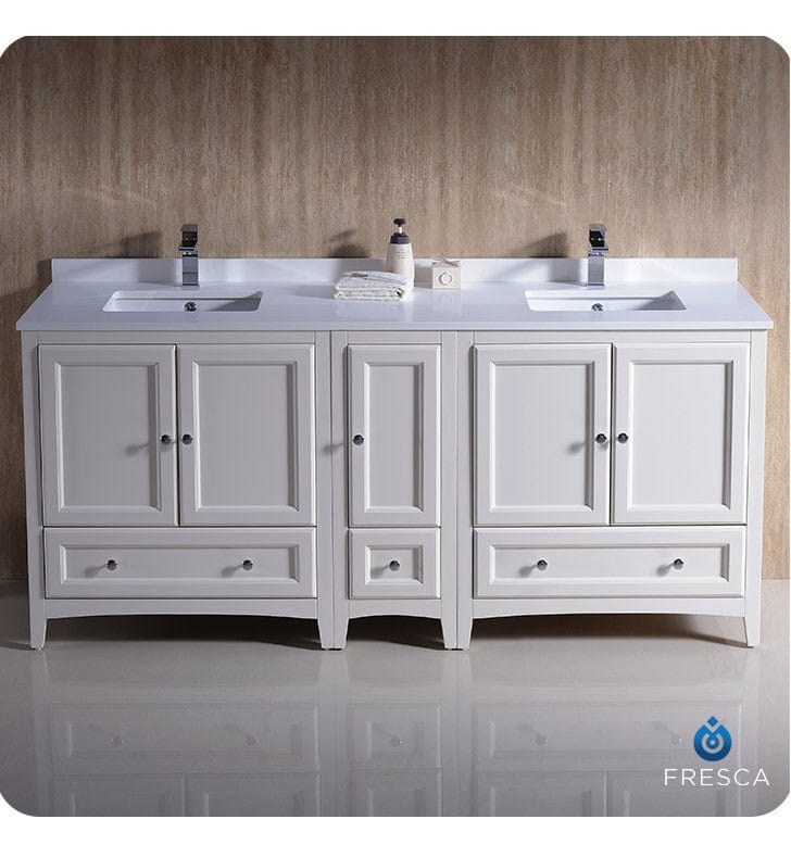 Fresca Oxford 72 Antique White Traditional Double Sink Bathroom Cabinets w/ Top & Sinks