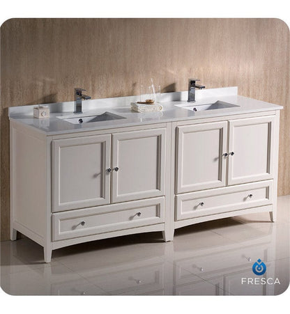 Fresca Oxford 72 Antique White Traditional Double Sink Bathroom Cabinets w/ Top & Sinks