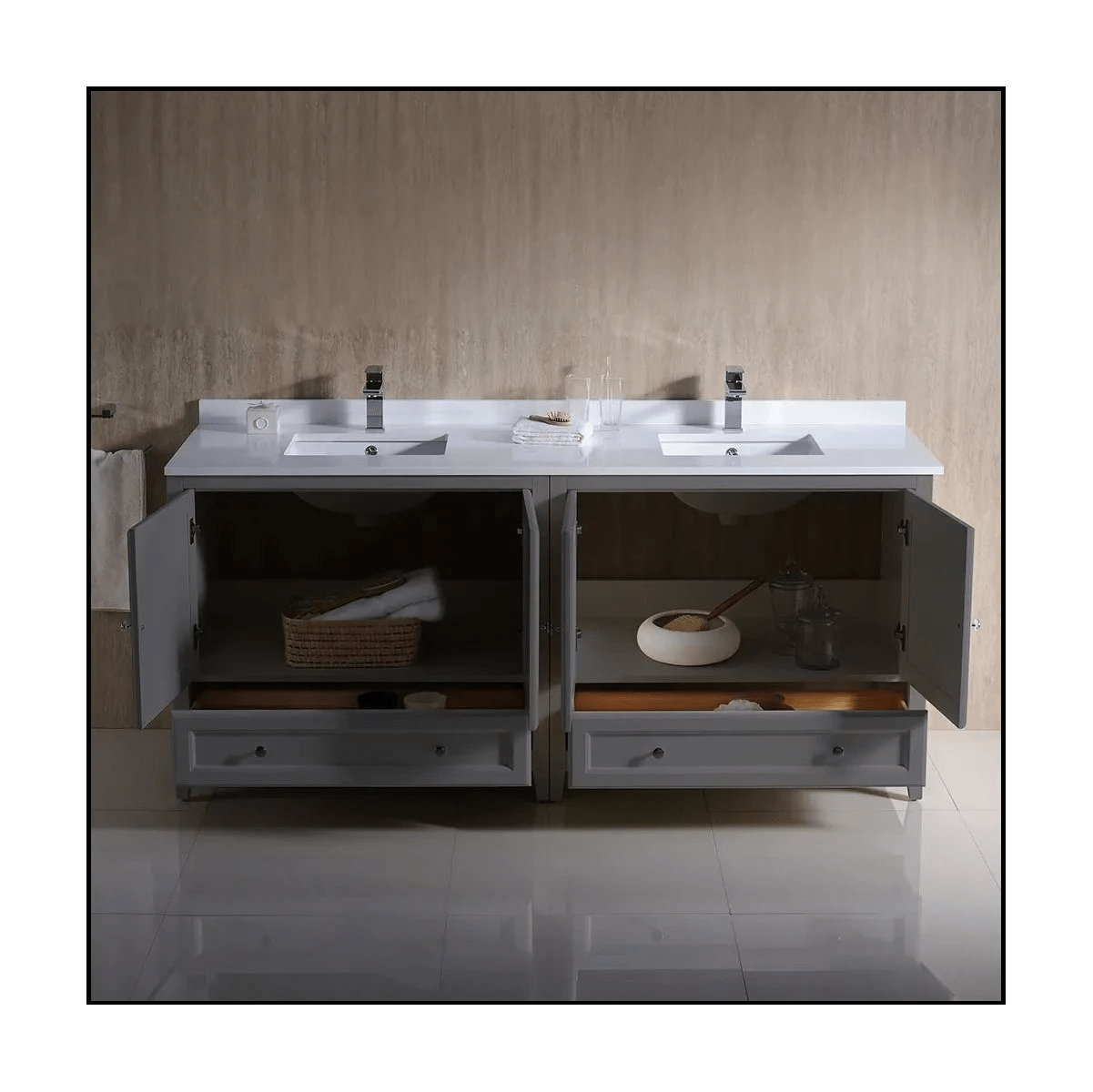 Fresca Oxford 72" Gray Traditional Double Sink Bathroom Cabinets w/ Top & Sinks | FCB20-3636GR-CWH-U