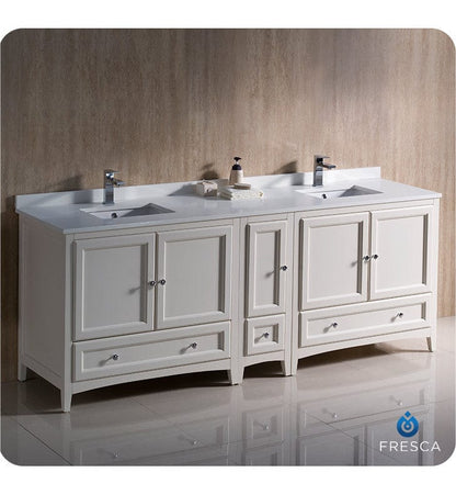 Fresca Oxford 84 Antique White Traditional Double Sink Bathroom Cabinets w/ Top & Sinks