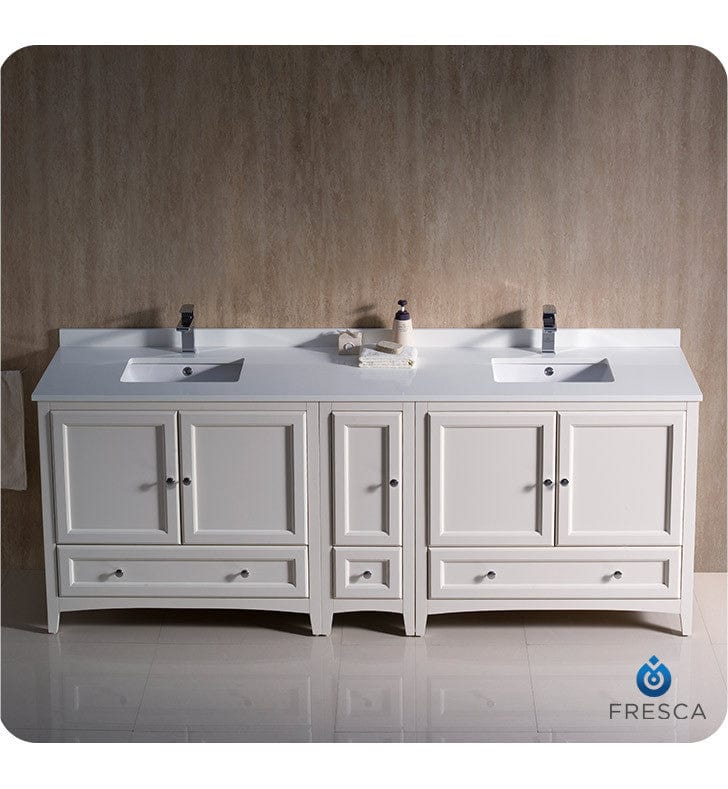 Fresca Oxford 84 Antique White Traditional Double Sink Bathroom Cabinets w/ Top & Sinks