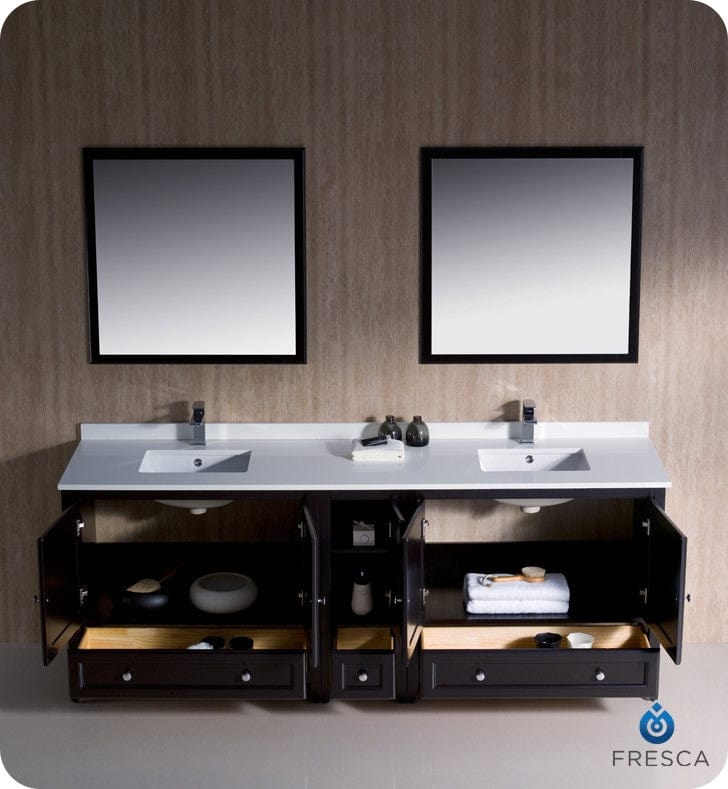 Fresca Oxford 84 Espresso Traditional Double Sink Bathroom Cabinets w/ Top & Sinks