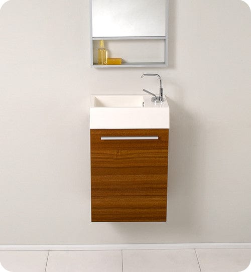 Fresca Pulito Small Teak Modern Bathroom Vanity w/ Tall Mirror