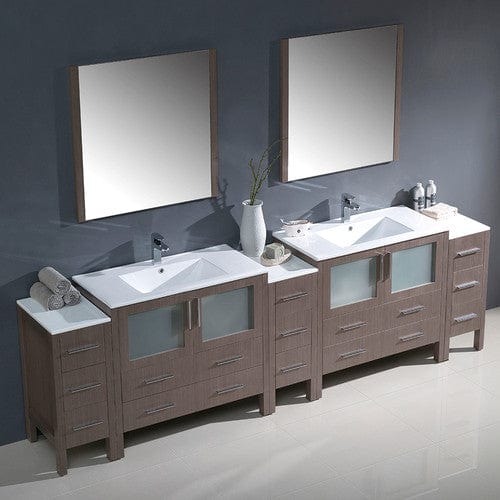 Fresca Torino 108" Gray Oak Modern Double Sink Bathroom Vanity w/ 3 Side Cabinets & Integrated Sinks