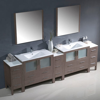 Fresca Torino 108 Gray Oak Modern Double Sink Bathroom Vanity w/ 3 Side Cabinets & Integrated Sinks