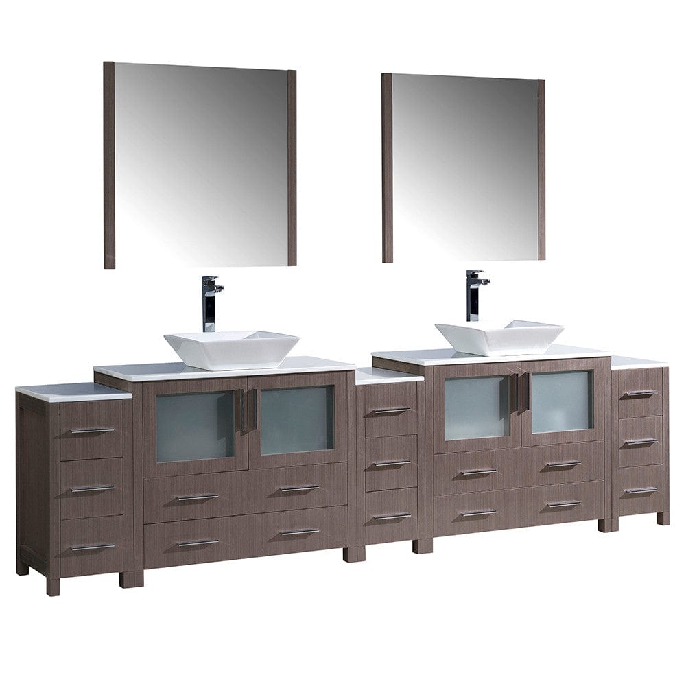 Fresca Torino 108" Gray Oak Modern Double Sink Bathroom Vanity w/ 3 Side Cabinets & Vessel Sinks