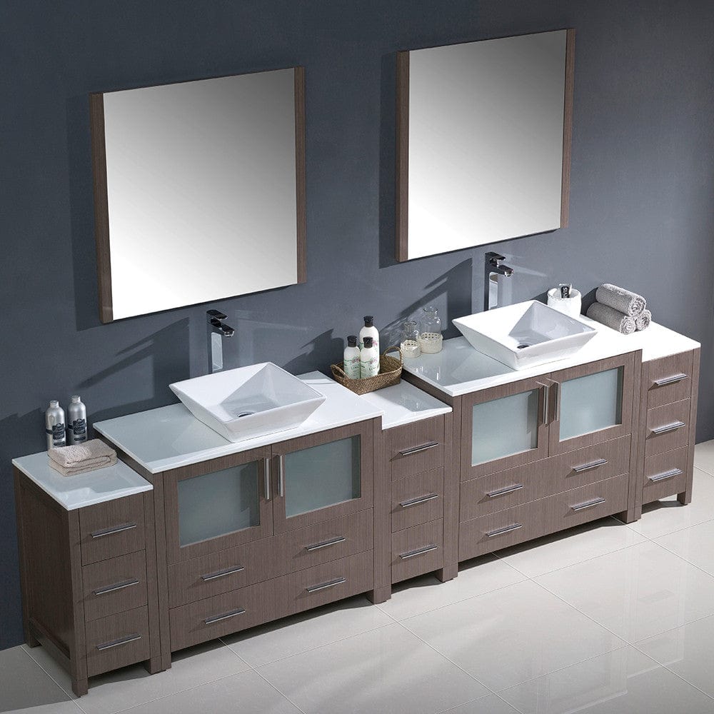 Fresca Torino 108 Gray Oak Modern Double Sink Bathroom Vanity w/ 3 Side Cabinets & Vessel Sinks