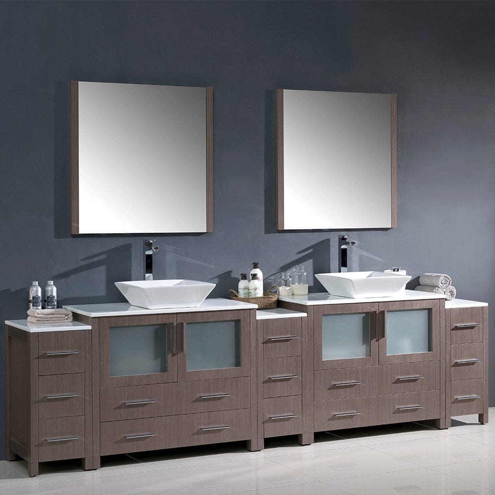 Fresca Torino 108 Gray Oak Modern Double Sink Bathroom Vanity w/ 3 Side Cabinets & Vessel Sinks