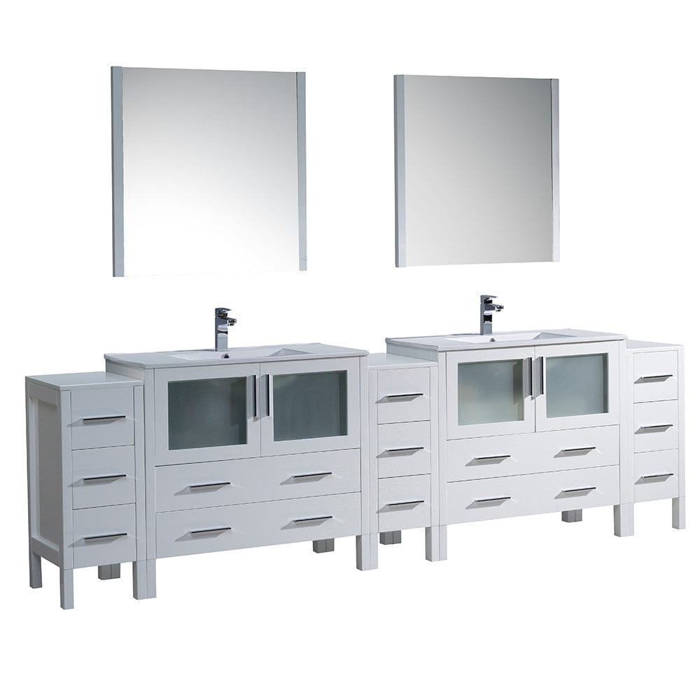 Fresca Torino 108" White Modern Double Sink Bathroom Vanity w/ 3 Side Cabinets & Integrated Sinks