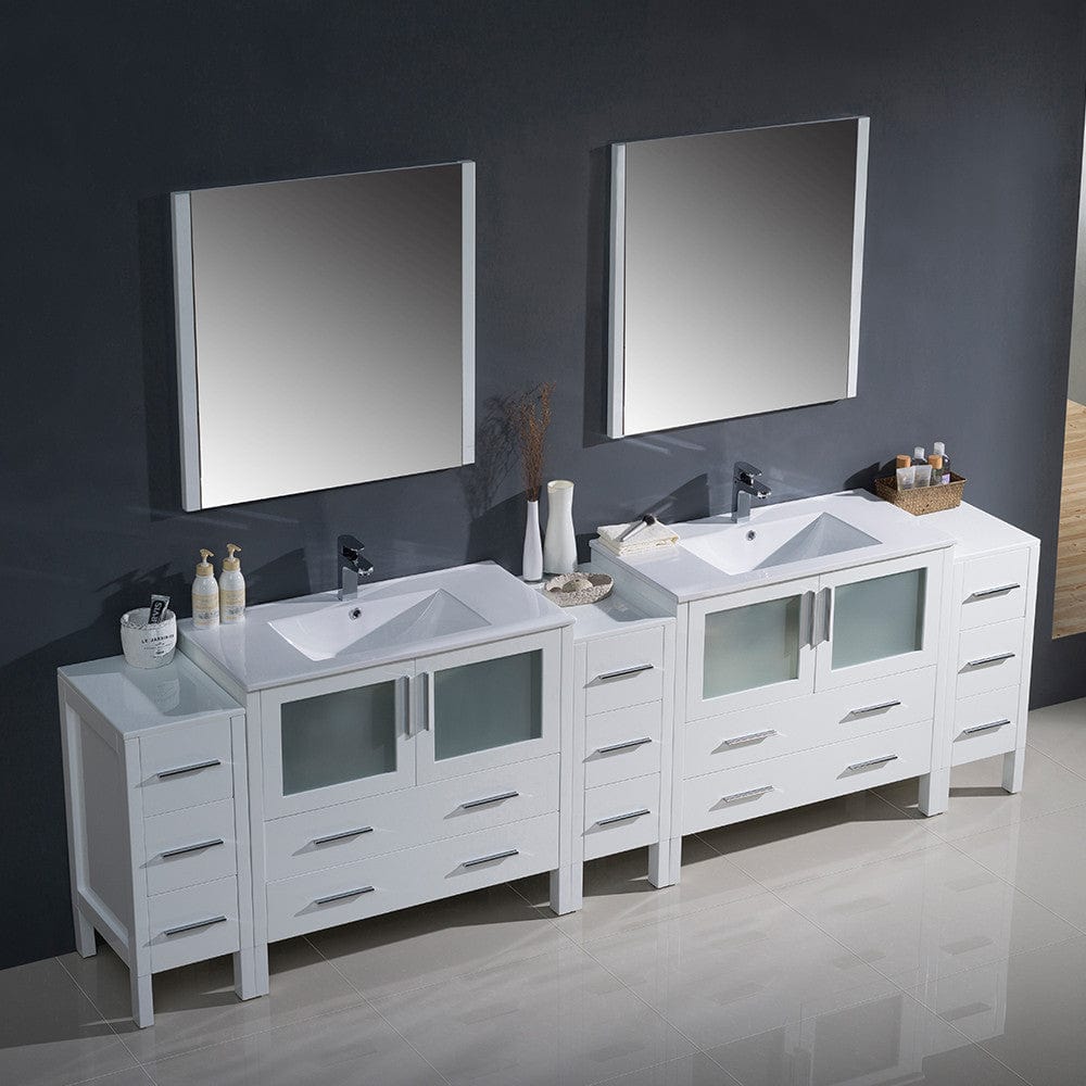 Fresca Torino 108 White Modern Double Sink Bathroom Vanity w/ 3 Side Cabinets & Integrated Sinks