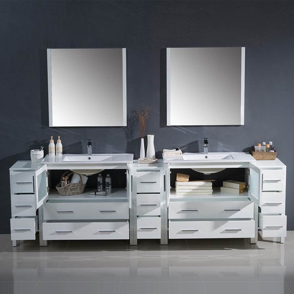 Fresca Torino 108 White Modern Double Sink Bathroom Vanity w/ 3 Side Cabinets & Integrated Sinks