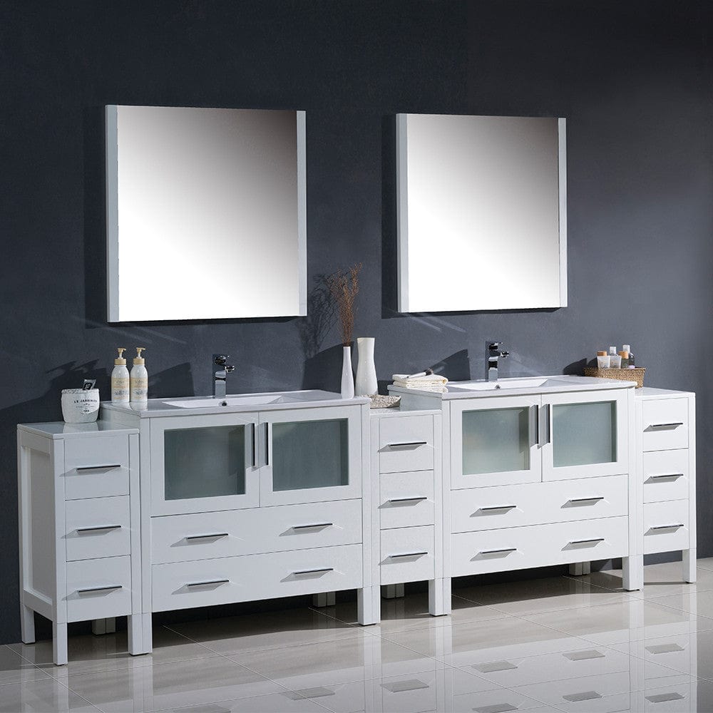 Fresca Torino 108 White Modern Double Sink Bathroom Vanity w/ 3 Side Cabinets & Integrated Sinks