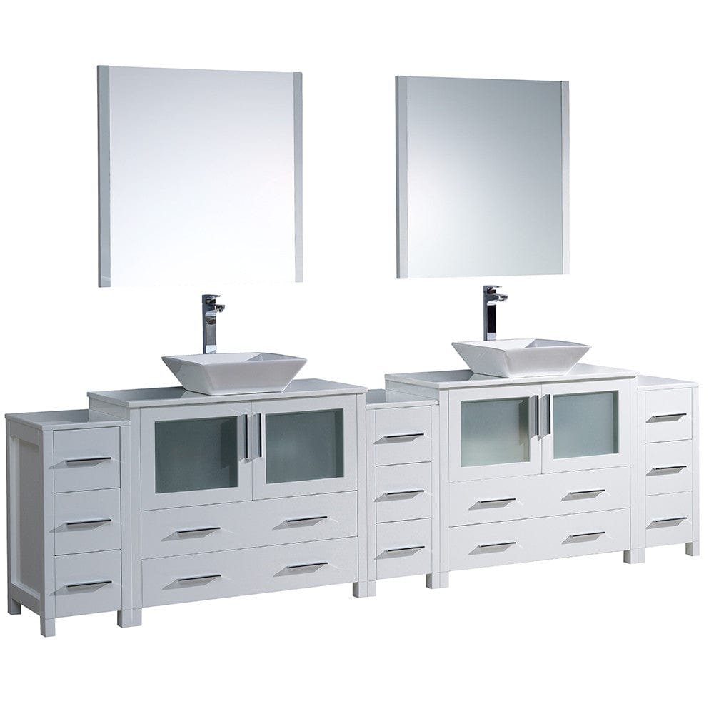 Fresca Torino 108" White Modern Double Sink Bathroom Vanity w/ 3 Side Cabinets & Vessel Sinks