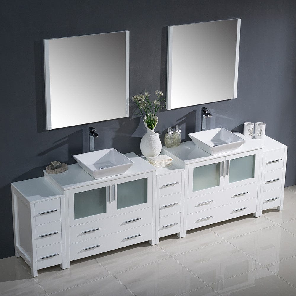 Fresca Torino 108 White Modern Double Sink Bathroom Vanity w/ 3 Side Cabinets & Vessel Sinks