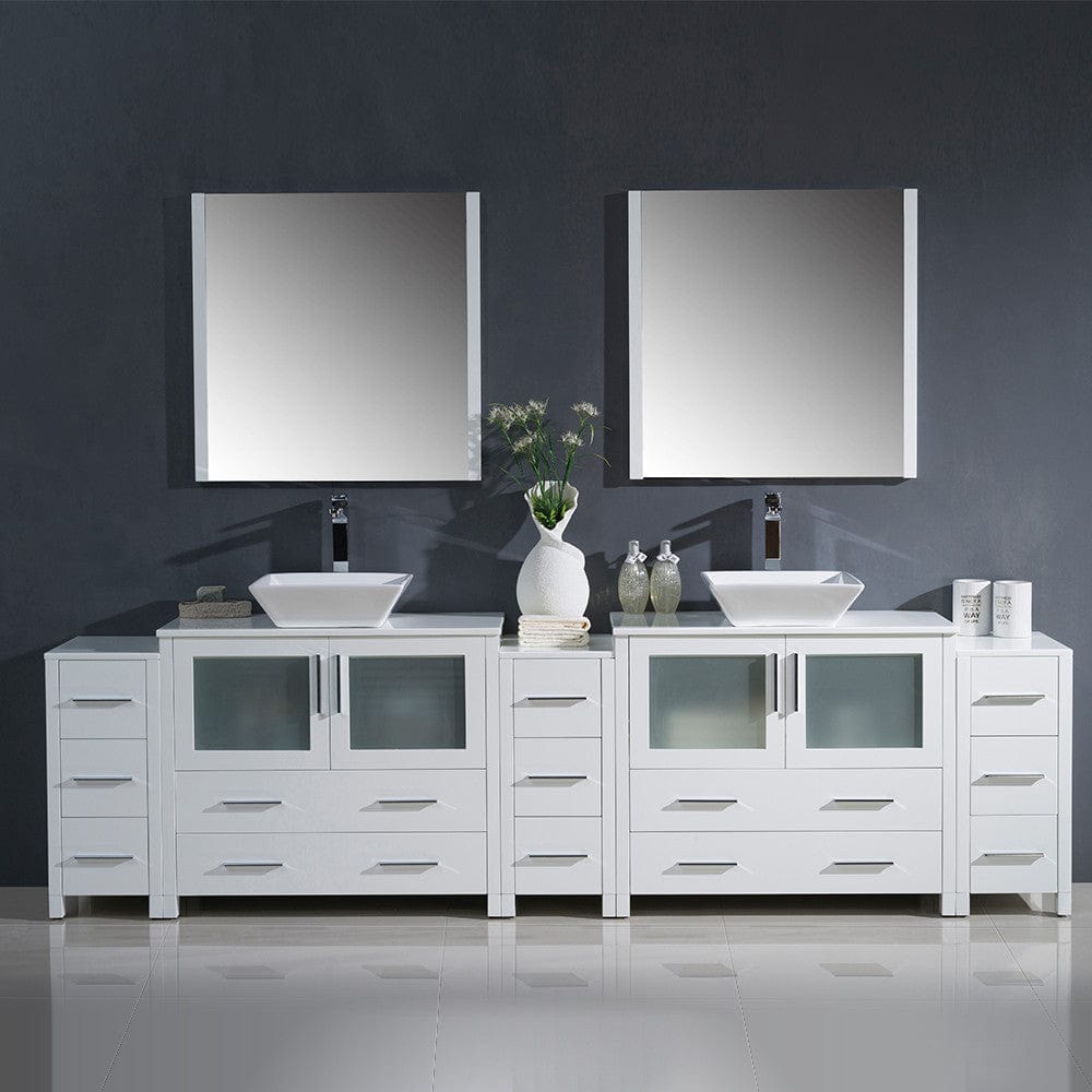 Fresca Torino 108 White Modern Double Sink Bathroom Vanity w/ 3 Side Cabinets & Vessel Sinks