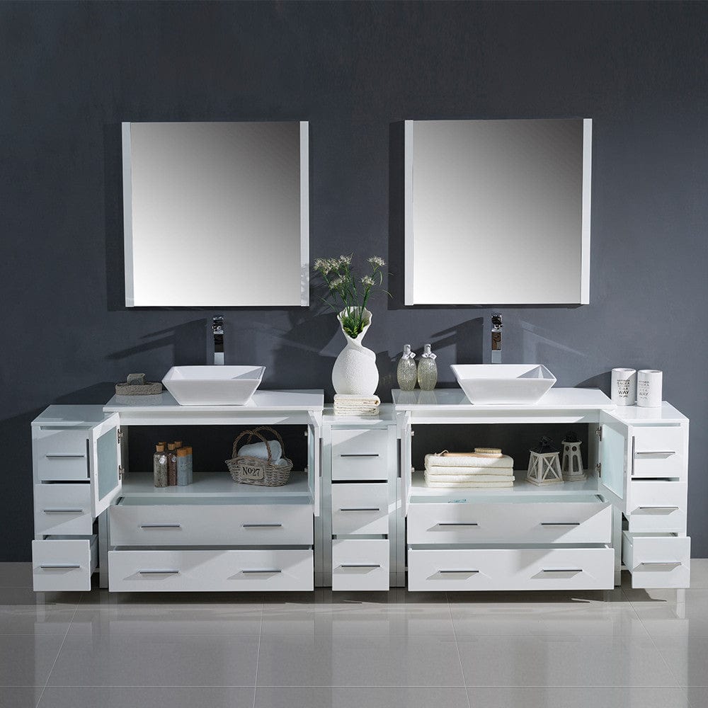 Fresca Torino 108 White Modern Double Sink Bathroom Vanity w/ 3 Side Cabinets & Vessel Sinks