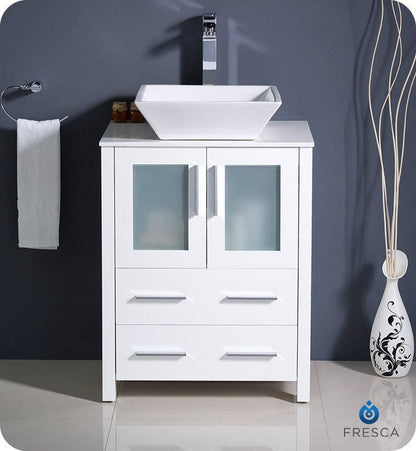 Fresca Torino 24 White Modern Bathroom Cabinet w/ Top & Vessel Sink