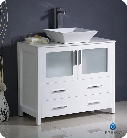 Fresca Torino 36 White Modern Bathroom Cabinet w/ Top & Vessel Sink