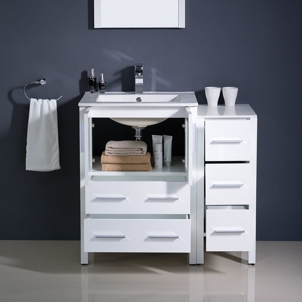 Fresca Torino 36 White Modern Bathroom Vanity w/ Side Cabinet & Integrated Sink