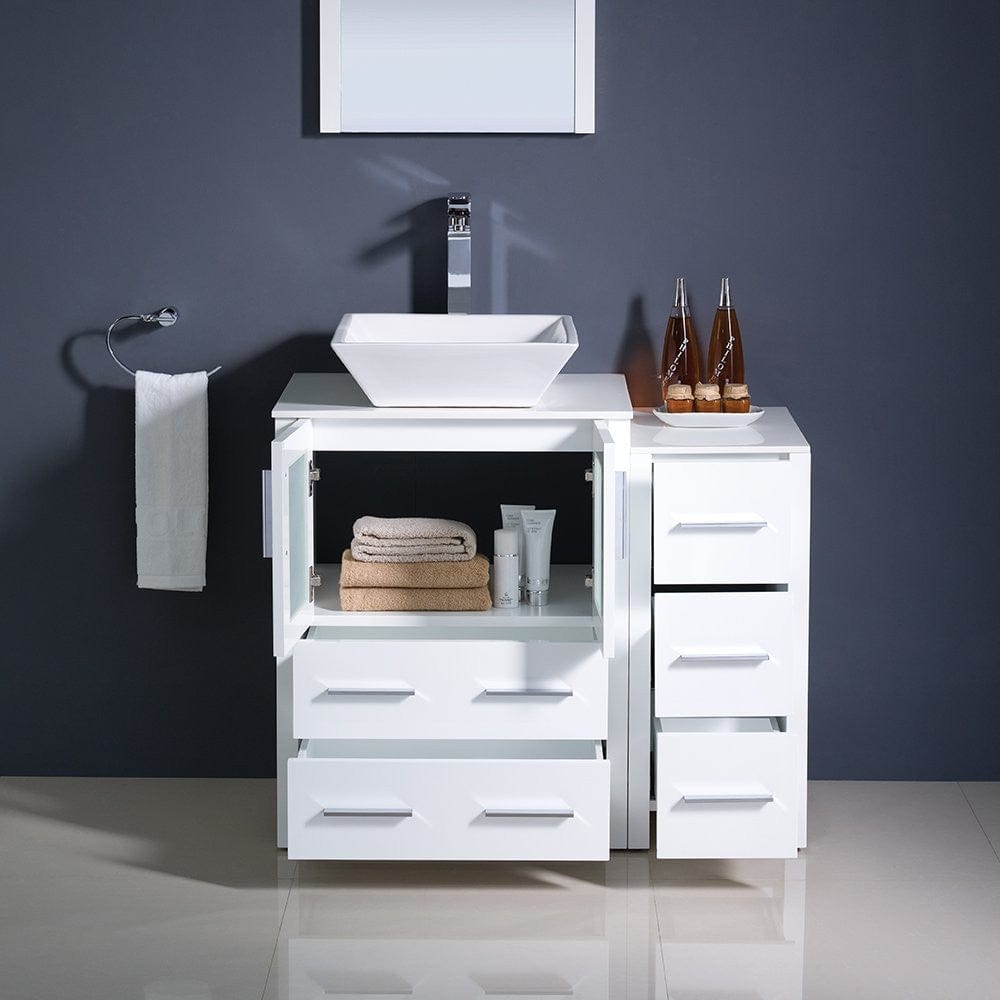 Fresca Torino 36 White Modern Bathroom Vanity w/ Side Cabinet & Vessel Sink