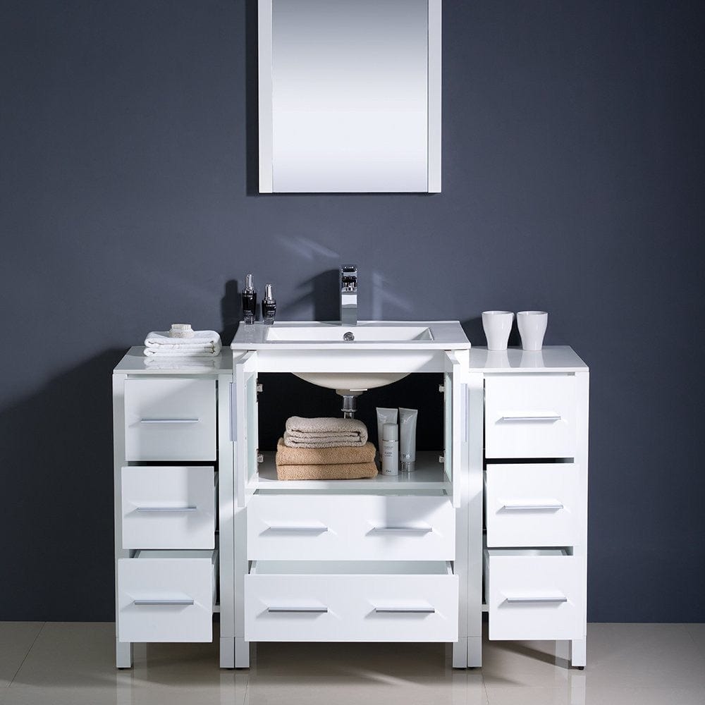 Fresca Torino 48 White Modern Bathroom Vanity w/ 2 Side Cabinets & Integrated Sink