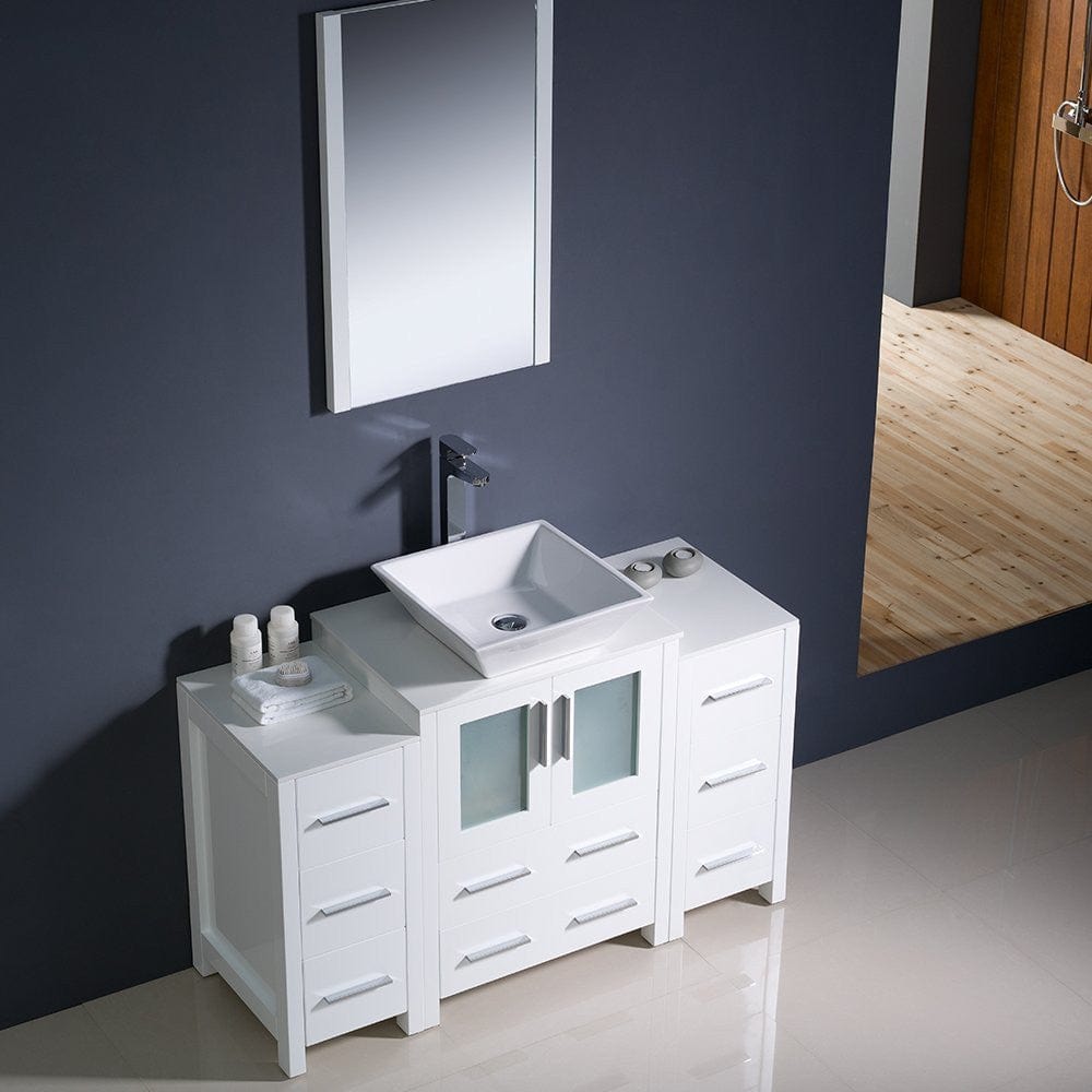 Fresca Torino 48 White Modern Bathroom Vanity w/ 2 Side Cabinets & Vessel Sink