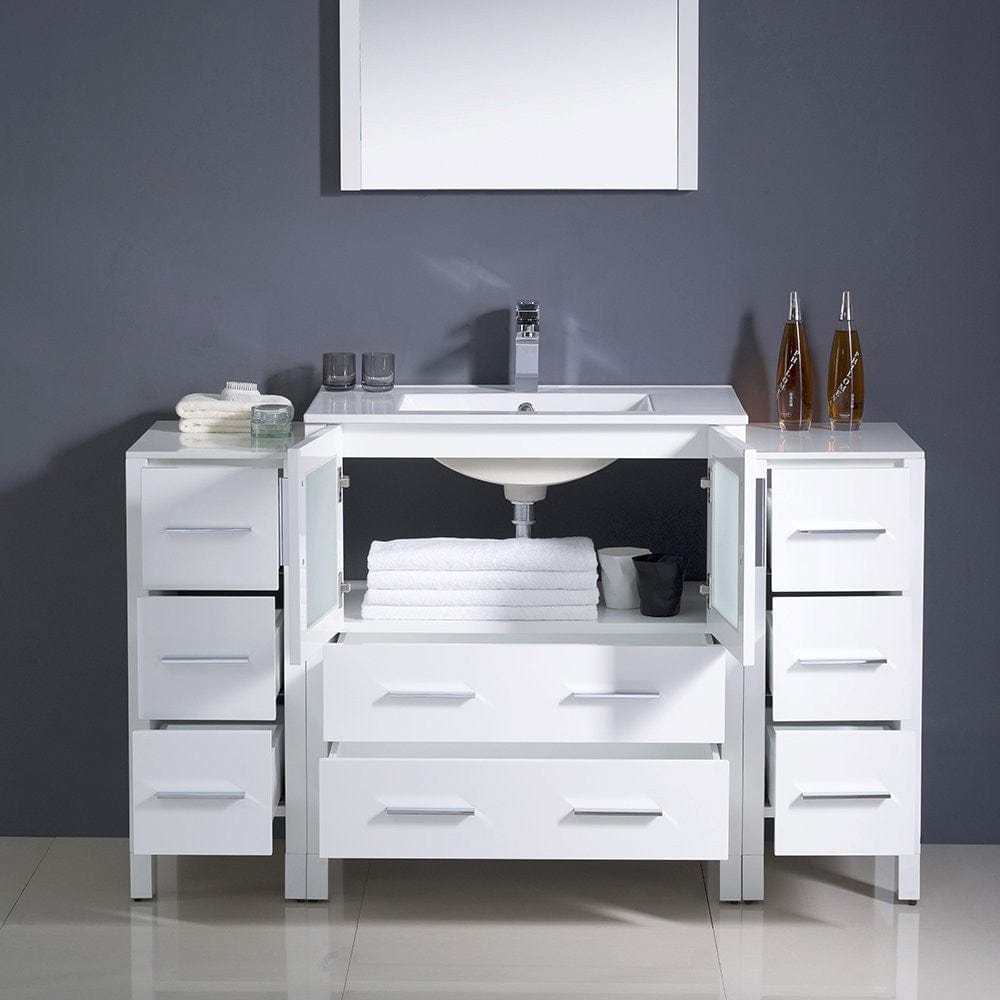 Fresca Torino 54 White Modern Bathroom Vanity w/ 2 Side Cabinets & Integrated Sink