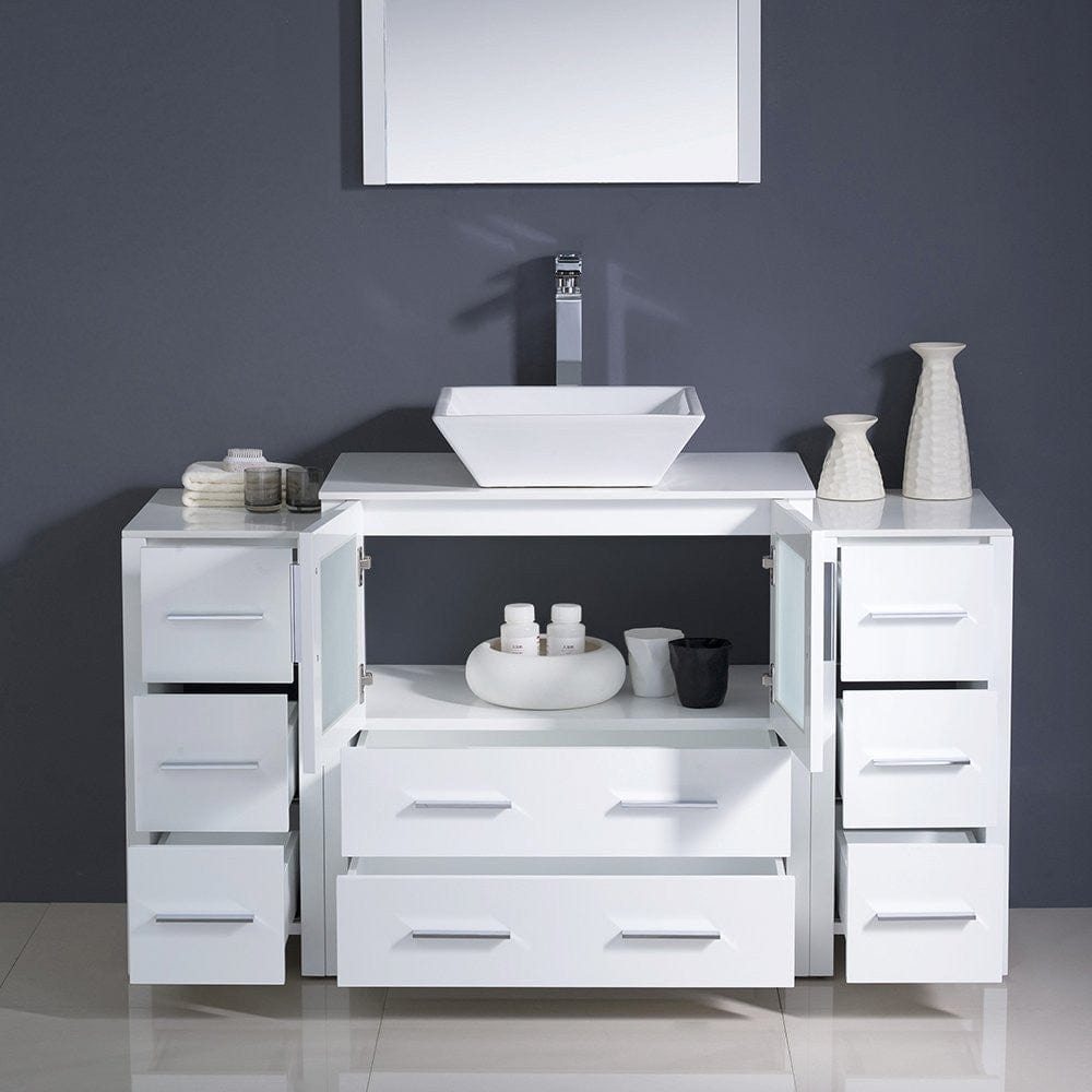 Fresca Torino 54 White Modern Bathroom Vanity w/ 2 Side Cabinets & Vessel Sink