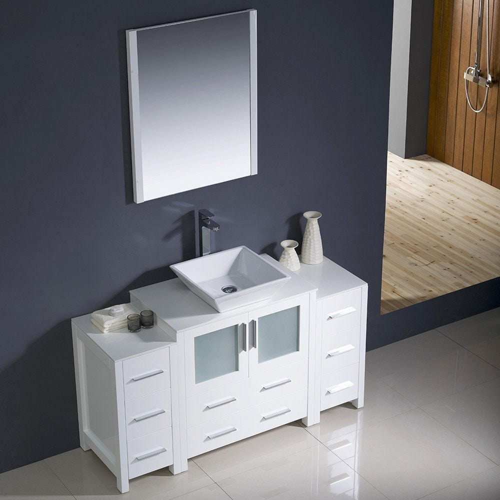 Fresca Torino 54 White Modern Bathroom Vanity w/ 2 Side Cabinets & Vessel Sink