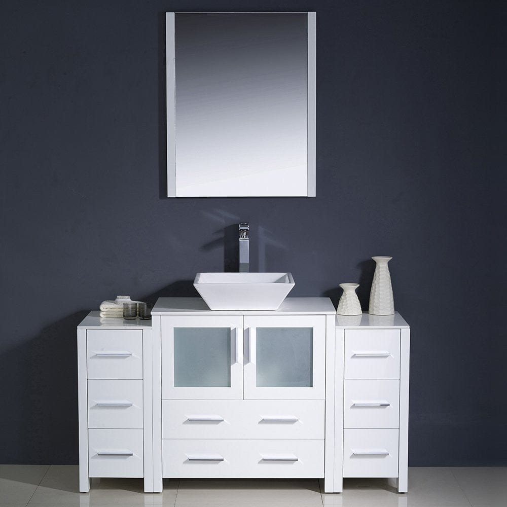Fresca Torino 54 White Modern Bathroom Vanity w/ 2 Side Cabinets & Vessel Sink