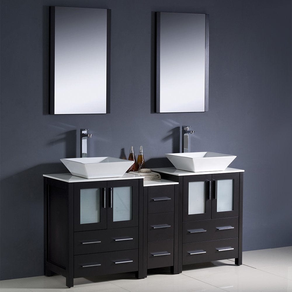 Fresca Torino 60 Espresso Modern Double Sink Bathroom Vanity w/ Side Cabinet & Vessel Sinks