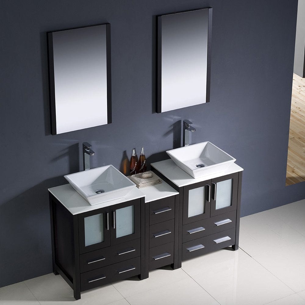 Fresca Torino 60 Espresso Modern Double Sink Bathroom Vanity w/ Side Cabinet & Vessel Sinks