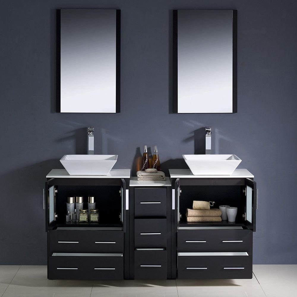 Fresca Torino 60 Espresso Modern Double Sink Bathroom Vanity w/ Side Cabinet & Vessel Sinks