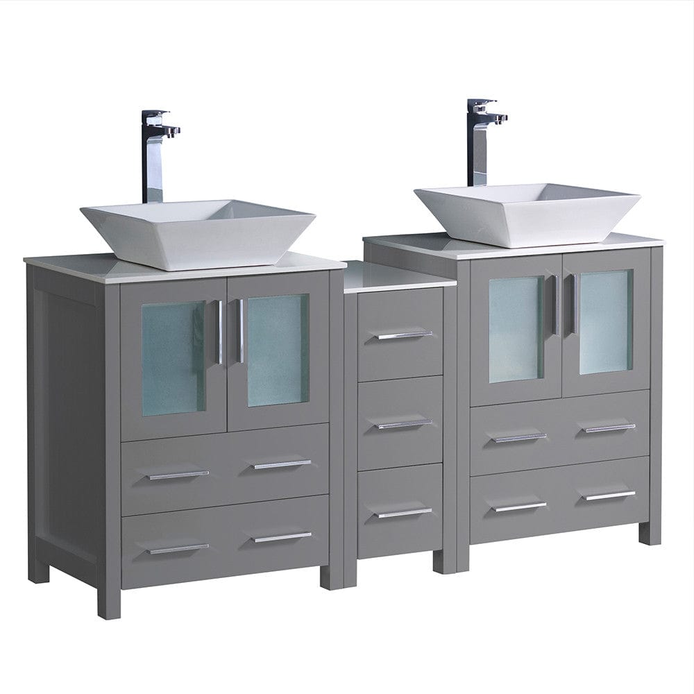 Fresca Torino 60" Gray Modern Double Sink Bathroom Cabinets w/ Tops & Vessel Sinks