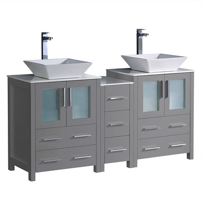 Fresca Torino 60" Gray Modern Double Sink Bathroom Cabinets w/ Tops & Vessel Sinks