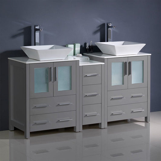 Fresca Torino 60 Gray Modern Double Sink Bathroom Cabinets w/ Tops & Vessel Sinks