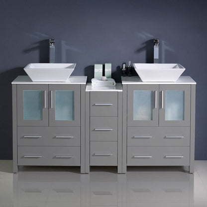 Fresca Torino 60 Gray Modern Double Sink Bathroom Cabinets w/ Tops & Vessel Sinks