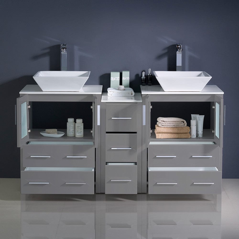 Fresca Torino 60 Gray Modern Double Sink Bathroom Cabinets w/ Tops & Vessel Sinks