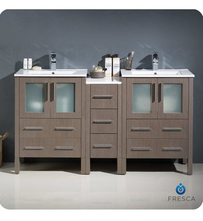 Fresca Torino 60 Gray Oak Modern Double Sink Bathroom Cabinets w/ Integrated Sinks