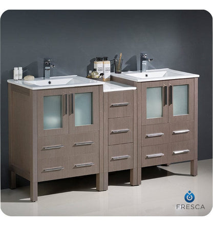 Fresca Torino 60 Gray Oak Modern Double Sink Bathroom Cabinets w/ Integrated Sinks