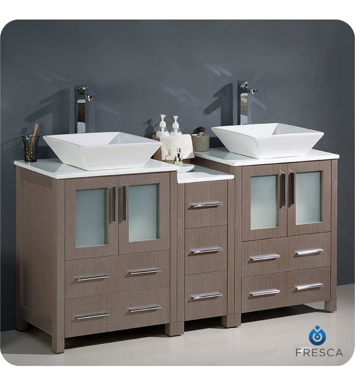 Fresca Torino 60 Gray Oak Modern Double Sink Bathroom Cabinets w/ Tops & Vessel Sinks