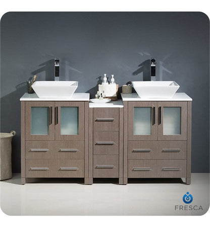 Fresca Torino 60 Gray Oak Modern Double Sink Bathroom Cabinets w/ Tops & Vessel Sinks