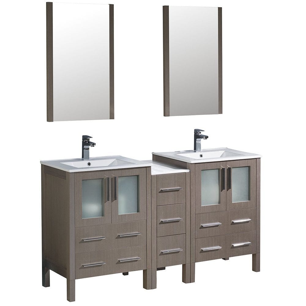 Fresca Torino 60" Gray Oak Modern Double Sink Bathroom Vanity w/ Side Cabinet & Integrated Sinks