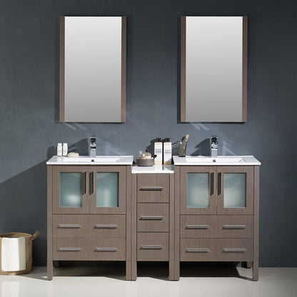 Fresca Torino 60 Gray Oak Modern Double Sink Bathroom Vanity w/ Side Cabinet & Integrated Sinks