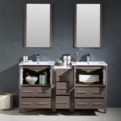 Fresca Torino 60 Gray Oak Modern Double Sink Bathroom Vanity w/ Side Cabinet & Integrated Sinks