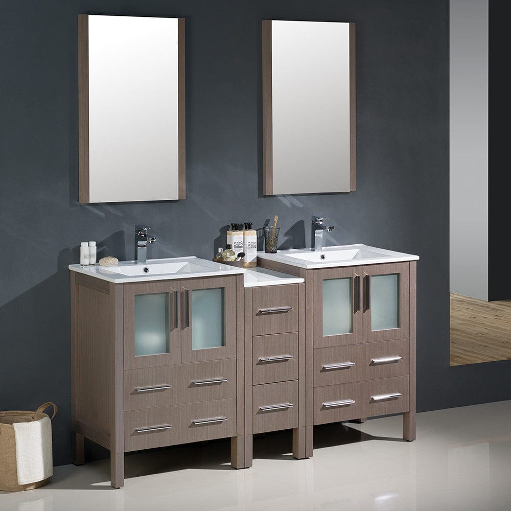 Fresca Torino 60 Gray Oak Modern Double Sink Bathroom Vanity w/ Side Cabinet & Integrated Sinks