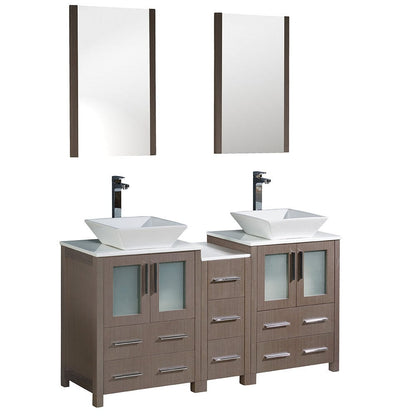 Fresca Torino 60" Gray Oak Modern Double Sink Bathroom Vanity w/ Side Cabinet & Vessel Sinks