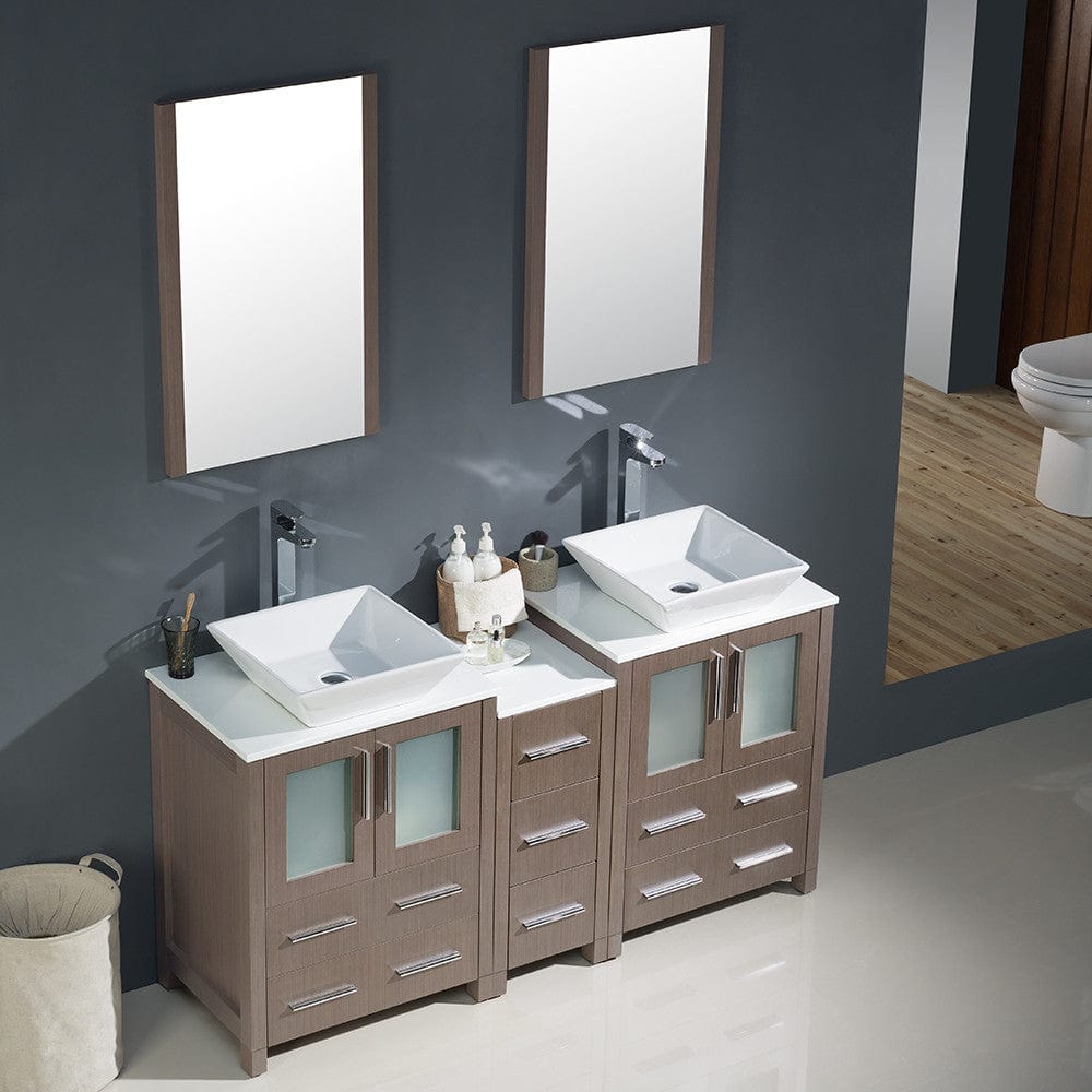 Fresca Torino 60 Gray Oak Modern Double Sink Bathroom Vanity w/ Side Cabinet & Vessel Sinks