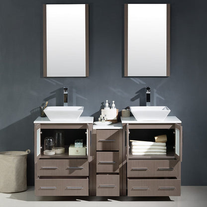 Fresca Torino 60 Gray Oak Modern Double Sink Bathroom Vanity w/ Side Cabinet & Vessel Sinks